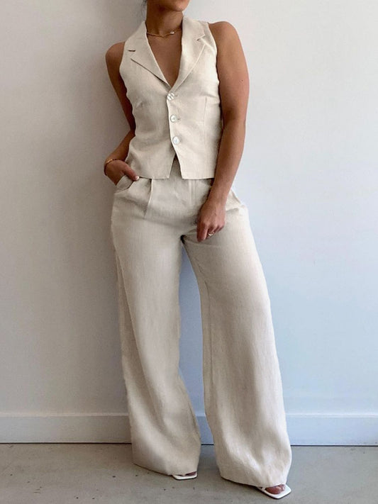 Devine Lapel Collar Sleeveless Top and Pants Set Beige