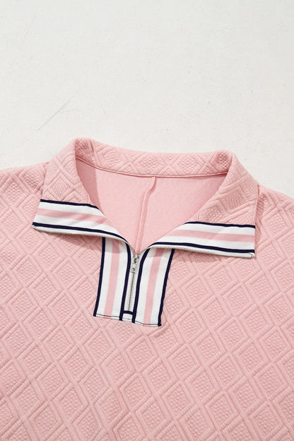 Contrast Striped Collar Patchwork Textured Half Sleeve Blouse