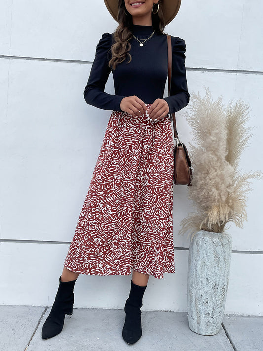 Perfee Printed Mock Neck Puff Sleeve Midi Dress Dark Blue