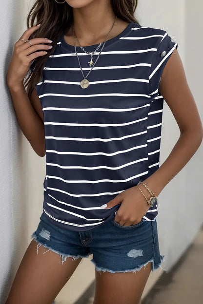 Perfee Decorative Button Round Neck T-Shirt Dark Blue