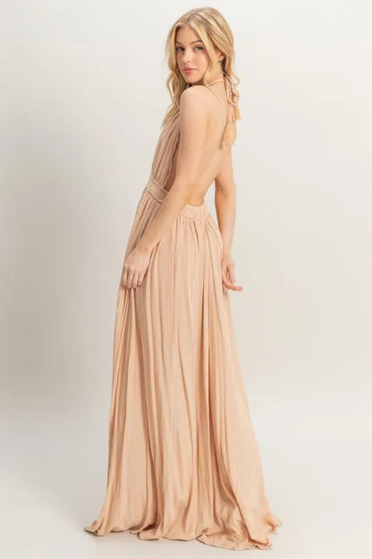 HYFVE Halter Neck Fitted Waist Flowy Maxi Dress