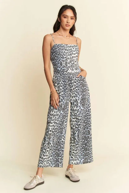 Davi & Dani Leopard Spaghetti Straps Wide Leg Jumpsuit Blue Leopard