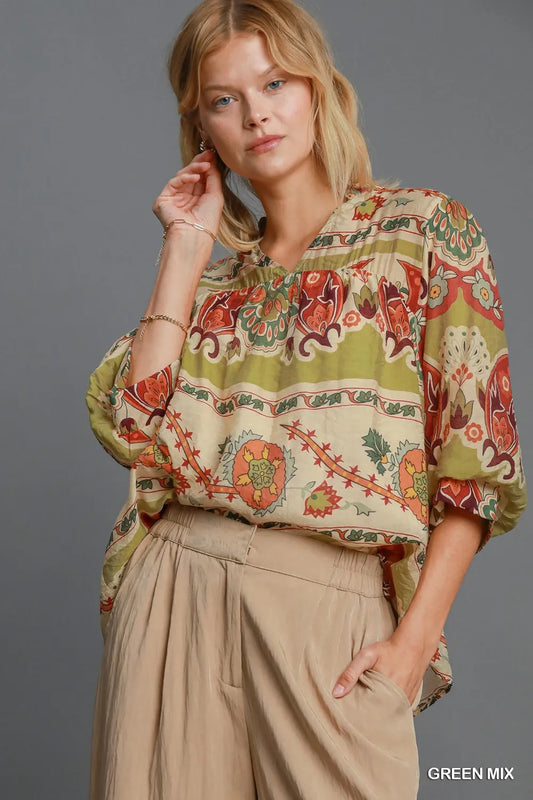 Umgee Full Size Border Print Notched 3/4 Puff Sleeve Blouse Plus Size Yellow-Green