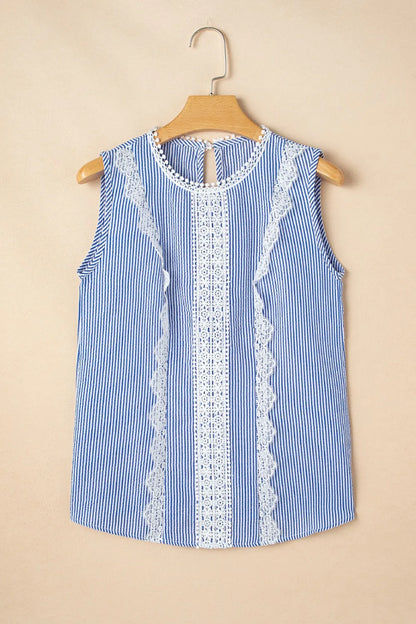 Stripe Lace Patchwork Crew Neck Sleeveless Top
