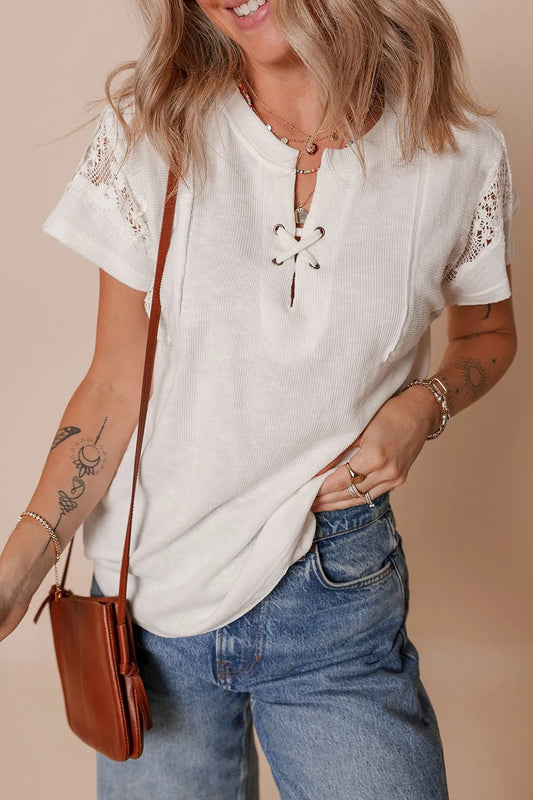 Ribbed Texture Lace Patchwork Short Sleeve Top White