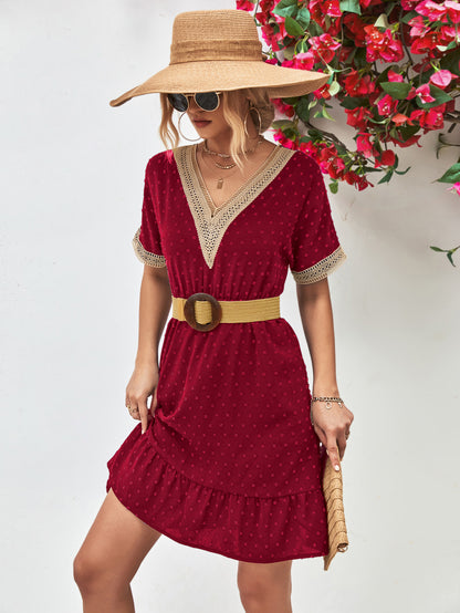 Contrast V-Neck Short Sleeve Mini Dress Burgundy