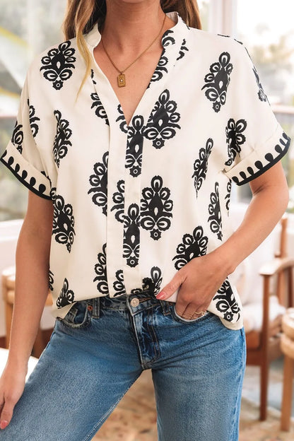 Printed Short Sleeve Loose Blouse Beige