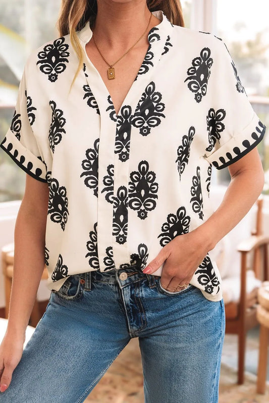Printed Short Sleeve Loose Blouse Beige