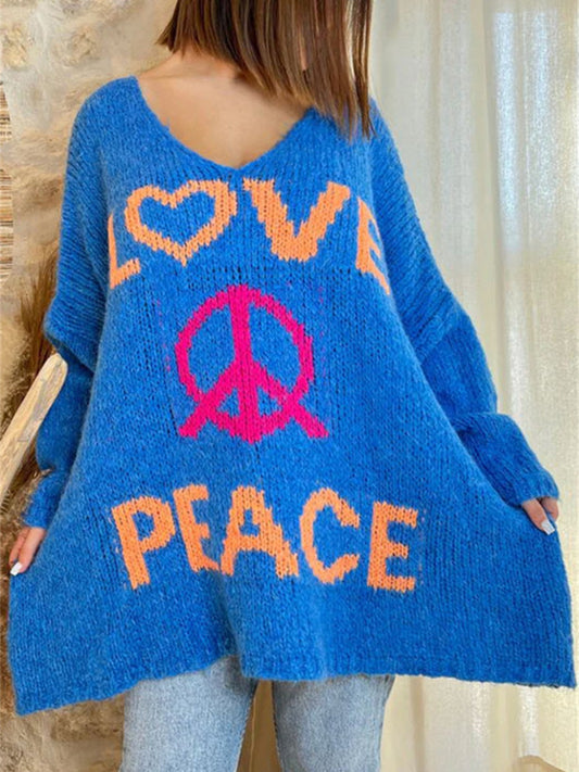 Peace Graphic V-Neck Long Sleeve Sweater Royal Blue