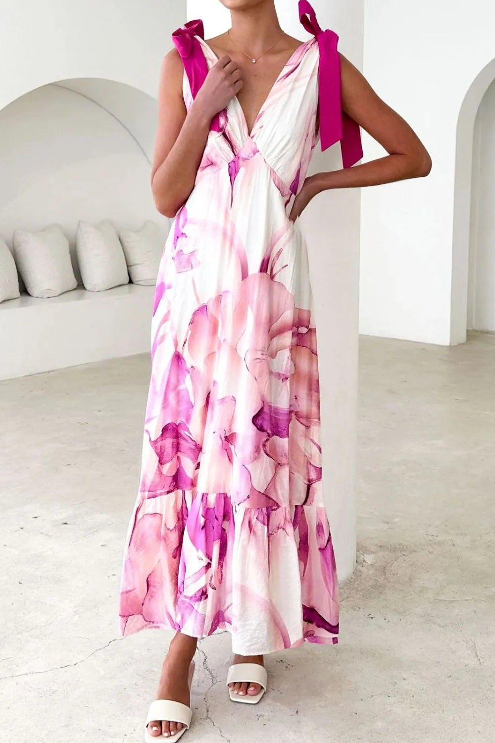 Printed V-Neck Tie Shoulder Midi Cami Dress