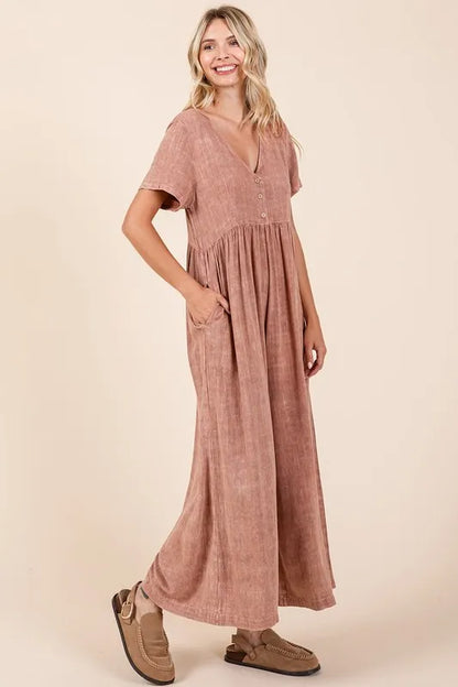 Mittoshop Mineral Wash Short Sleeve Flowy Wide Leg Jumpsuit