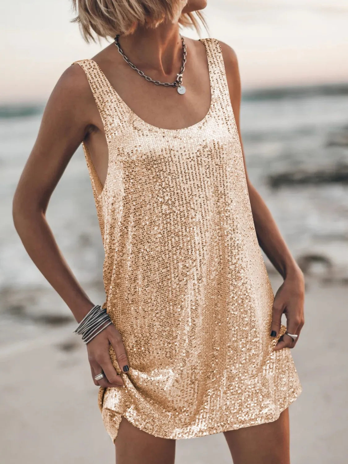 Sequin Scoop Neck Mini Dress