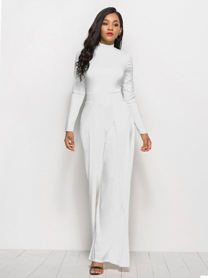 Long Sleeve Mock Neck Wide Leg Jumpsuit White