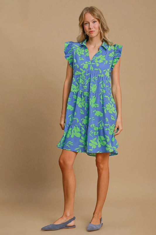 Umgee Full Size Floral Print Ruffle Cap Sleeve Tiered Dress Plus Size Cerulean