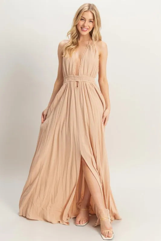 HYFVE Halter Neck Fitted Waist Flowy Maxi Dress CAMEL