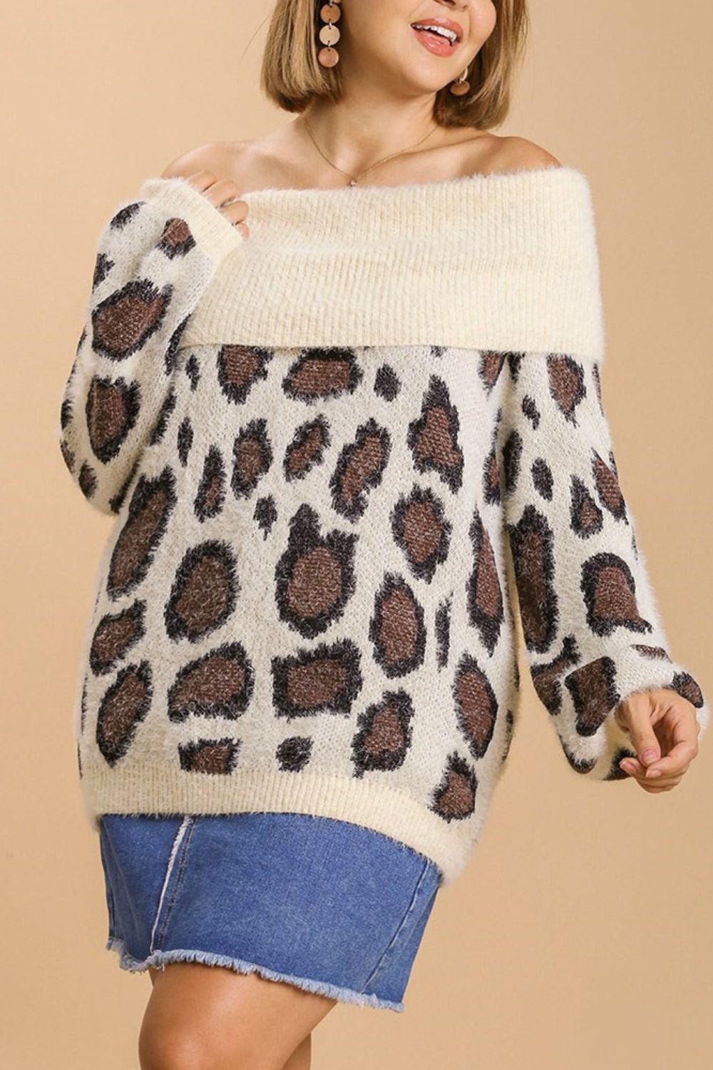Umgee Full Size Leopard Off-Shoulder Long Sleeve Sweater Plus Size