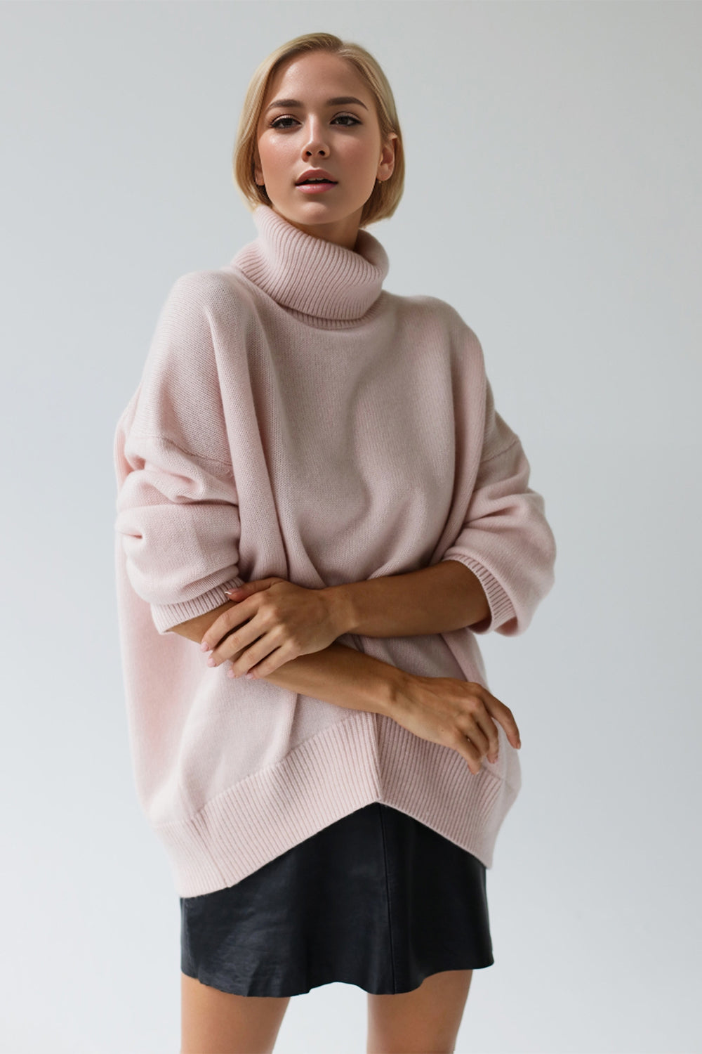 Basic Bae Turtleneck Dropped Shoulder Long Sleeve Sweater Blush Pink One Size