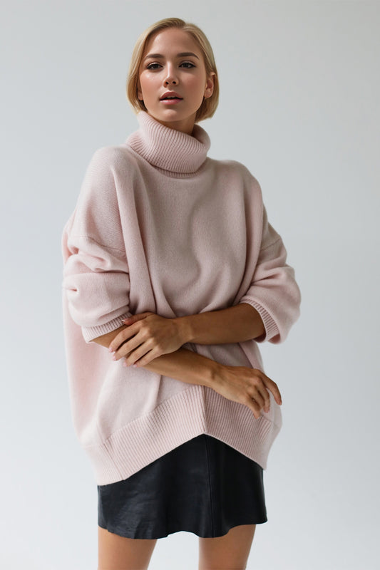 Basic Bae Turtleneck Dropped Shoulder Long Sleeve Sweater Blush Pink One Size