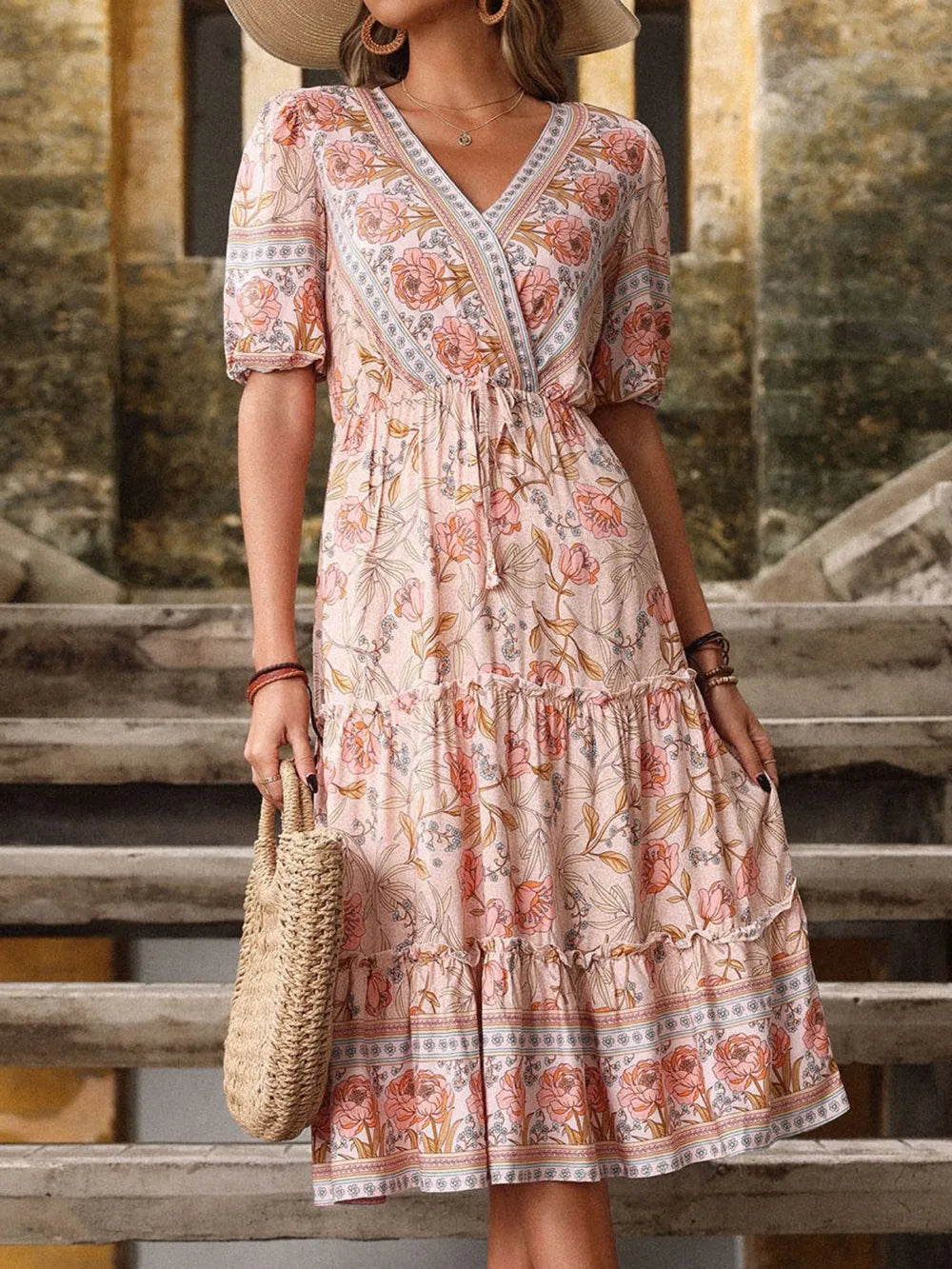 Printed Surplice Tiered Midi Dress Light Yellow