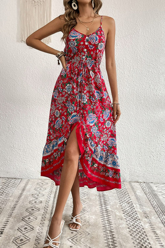 Perfee Bohemian Decorative Button Spaghetti Strap Dress Floral
