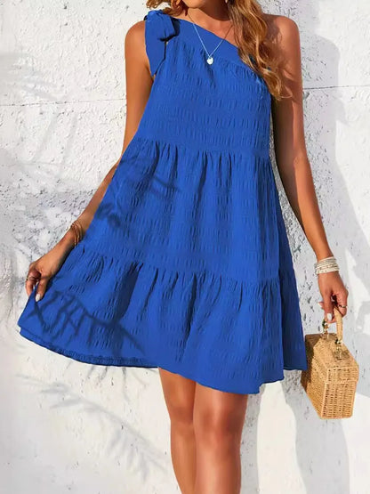 Textured Tied Single Shoulder Mini Dress Royal Blue