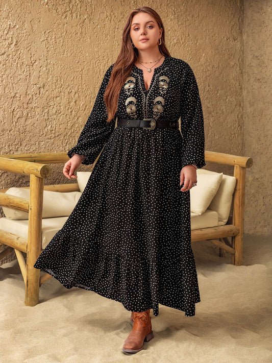 Plus Size Embroidered Polka Dot Notched Long Sleeve Dress Black