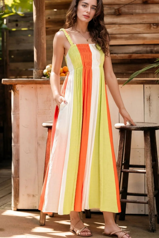 Color Block Smocked Maxi Cami Dress Tangerine