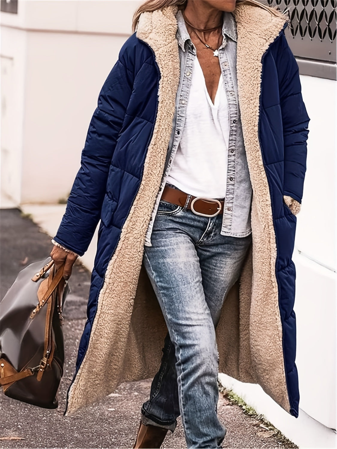 Full Size Zip Up Sherpa Hooded Coat Dark Blue