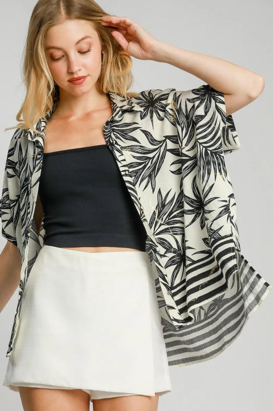 Umgee Full Size Tropical Print Button Down Shirt Plus Size Black