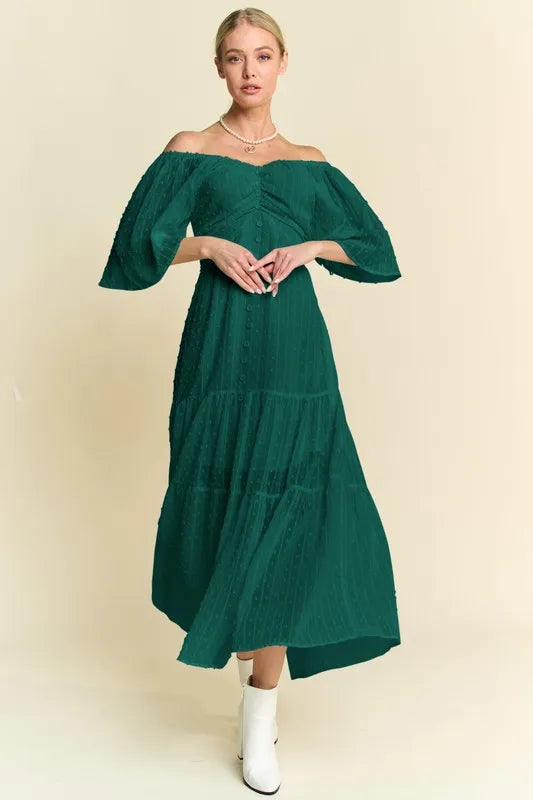 Davi & Dani Swiss Dotted Ruched Ruffle Open Back Midi Dress Forest Green
