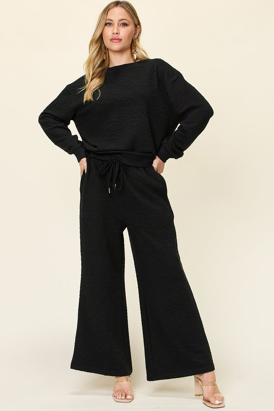 Double Take Full Size Texture Long Sleeve Top and Pants Set Black