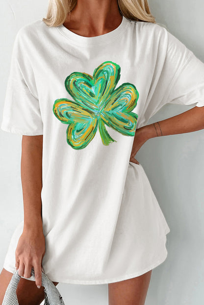Lucky Clover Round Neck Short Sleeve T-Shirt White