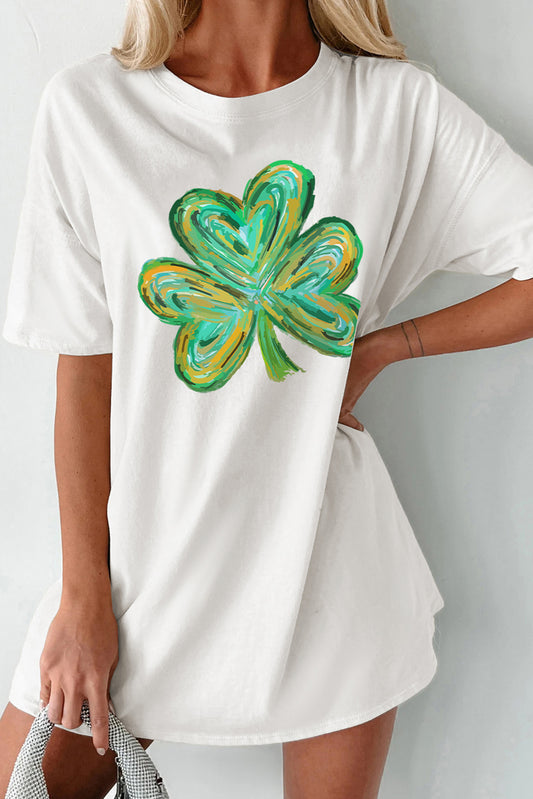 Lucky Clover Round Neck Short Sleeve T-Shirt White