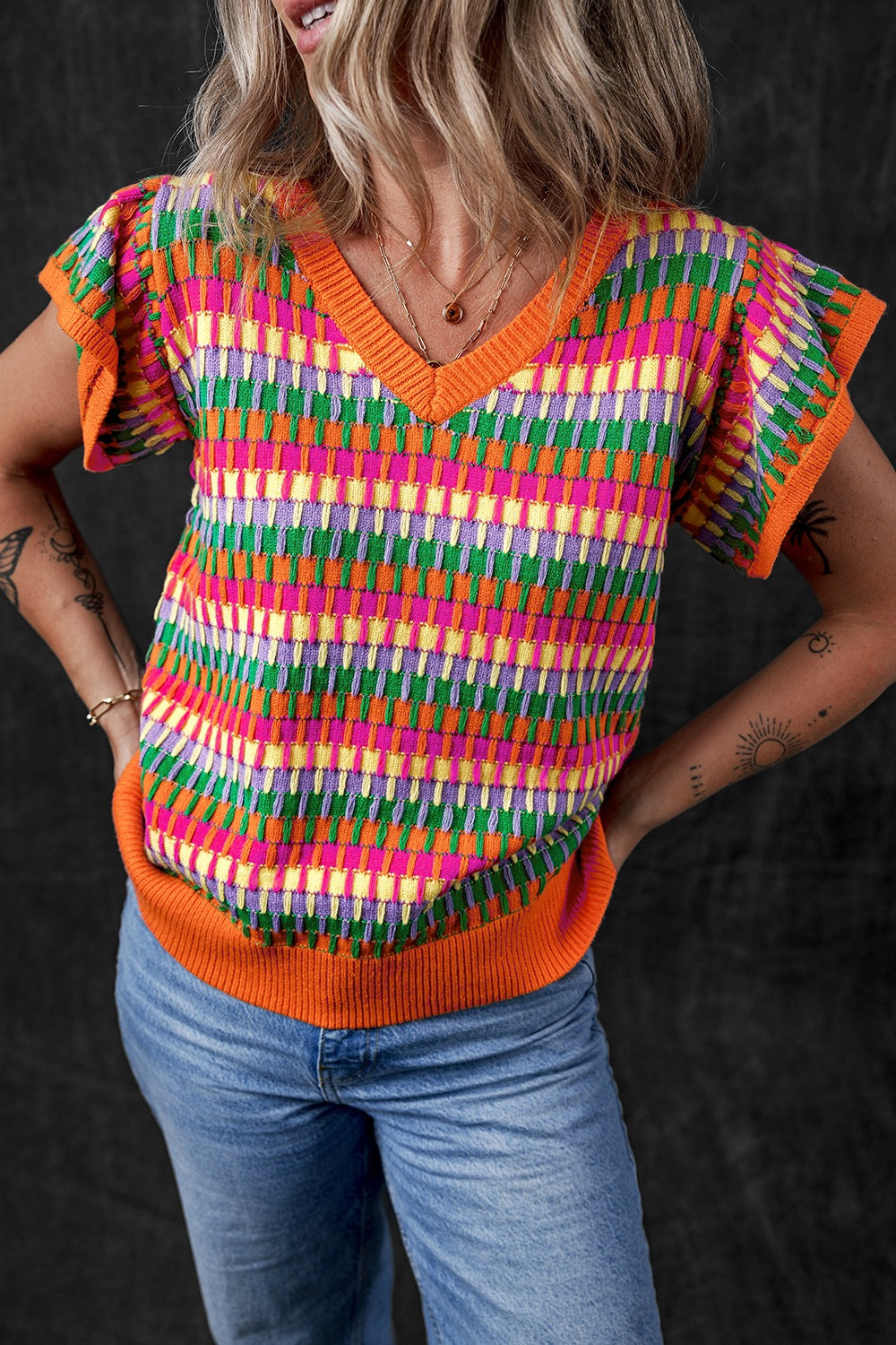 Contrast Striped V-Neck Knit Top Orange