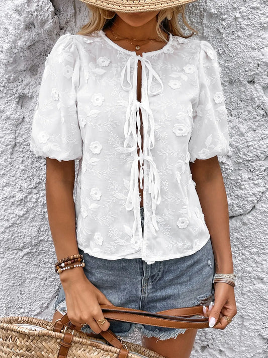 Tie Front Puff Sleeve Blouse White