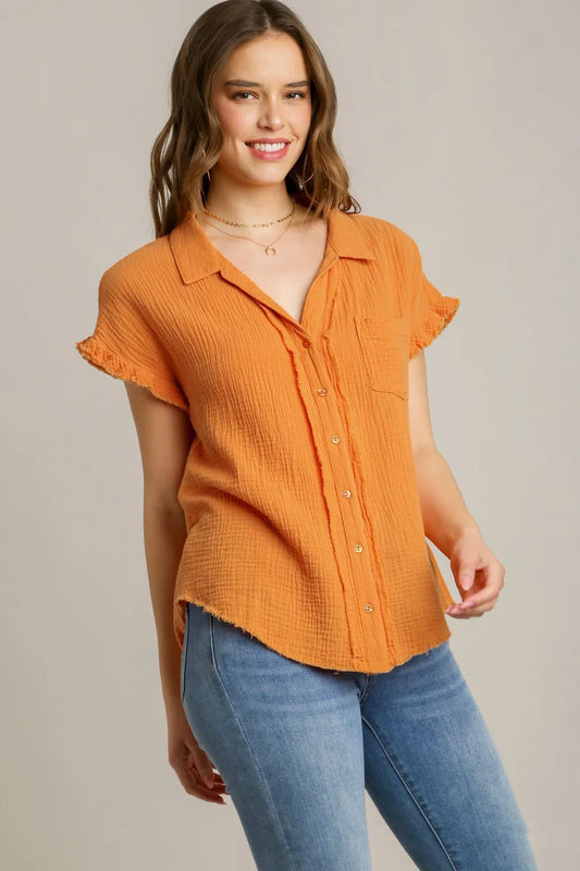 Umgee Full Size Frayed Hem Collared Neck Short Sleeve Shirt Plus Size Tangerine
