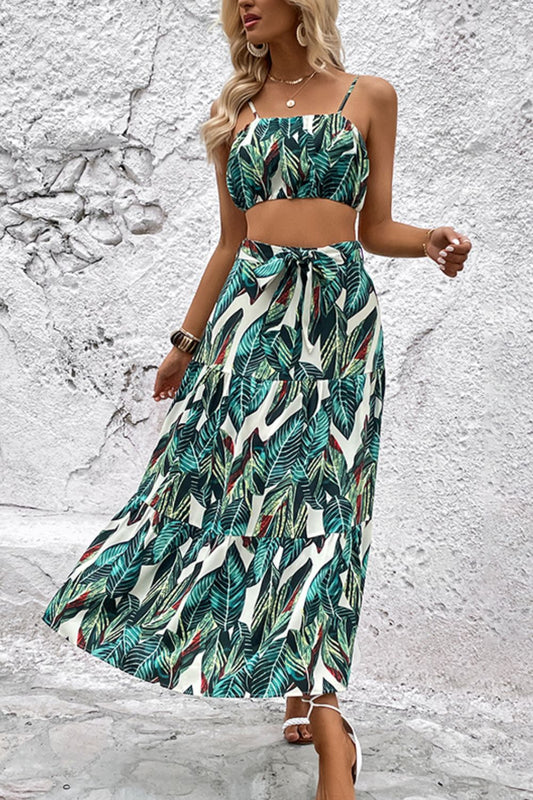 Perfee Botanical Print Cami and Tiered Skirt Set Turquoise