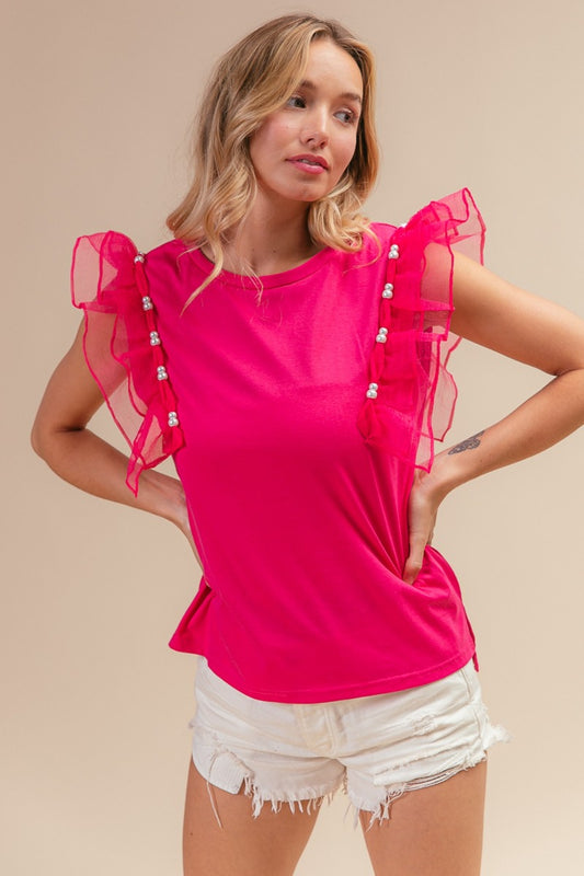 BiBi Pearl Decor Mesh Ruffle Sleeve Top Fuchsia