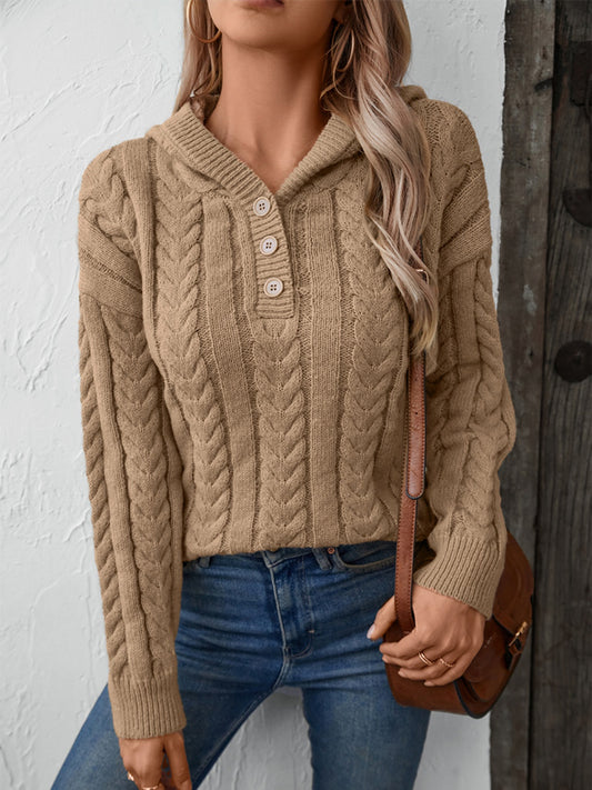 Cable-Knit Long Sleeve Hooded Sweater Camel