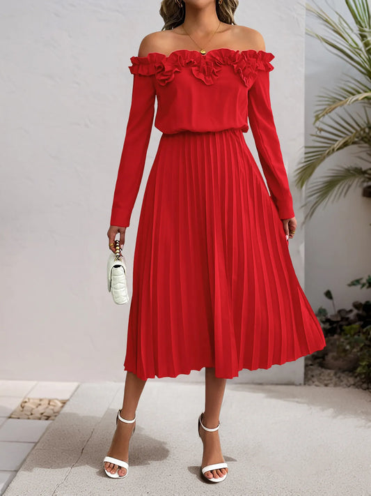 Off-Shoulder Ruffle Pleated Midi Dress