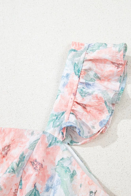 Floral Colorblock Flutter Straps Flowy Dress