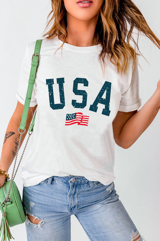USA Round Neck Short Sleeve T-Shirt White