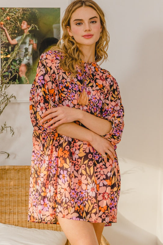 ODDI Full Size Floral Tied Neck Mini Dress Black Multi