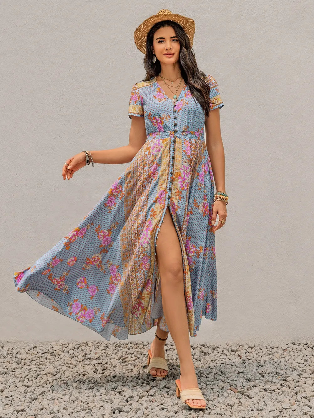 Smocked Floral V-Neck Short Sleeve Midi Dress
