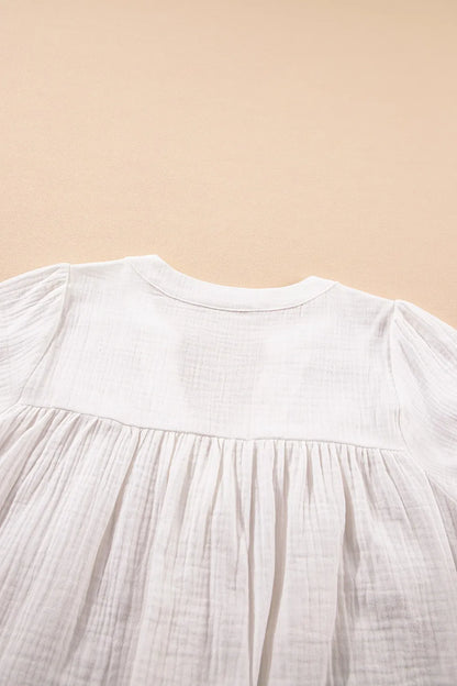 Textured Short Sleeve Buttons Frayed Blouse