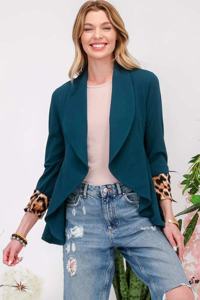 Celeste Full Size Rolled Leopard Cuff Open Front Blazer Hunter Green