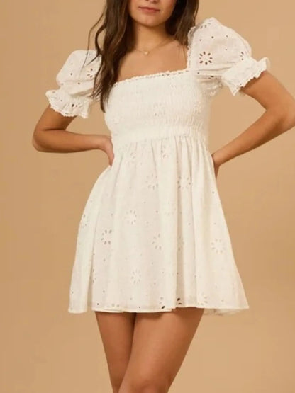 Eyelet Puff Sleeve Smocked Mini Dress