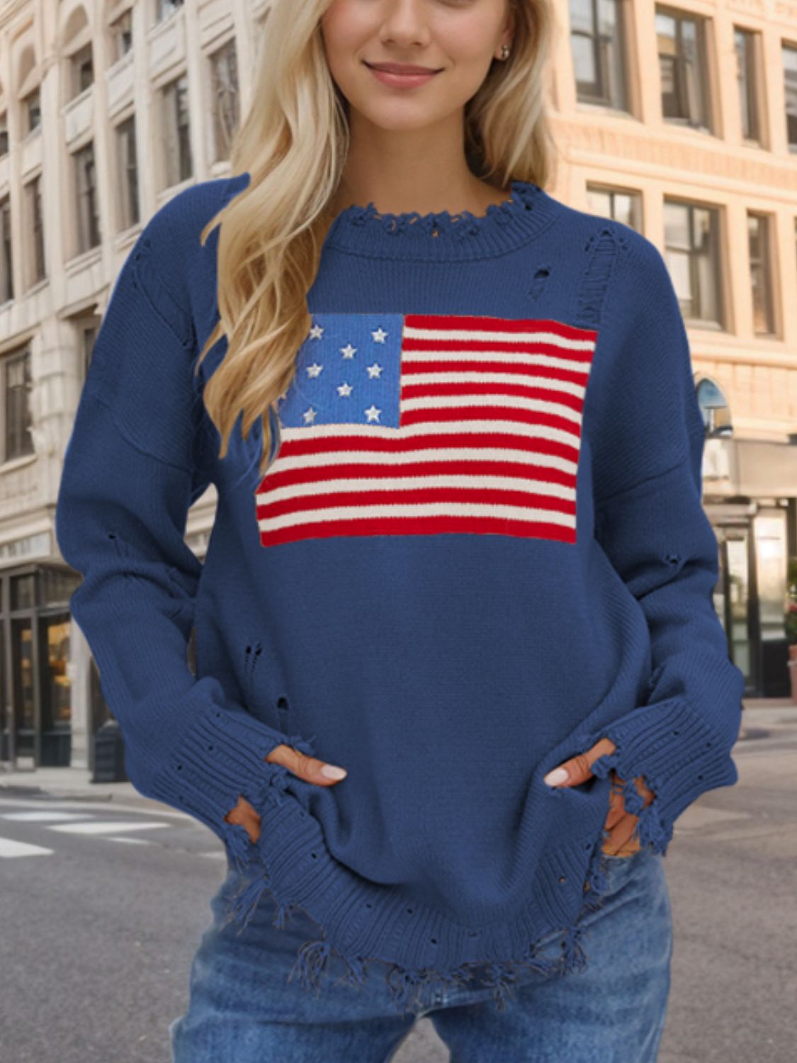 US Flag Distressed Round Neck Long Sleeve Sweater French Blue