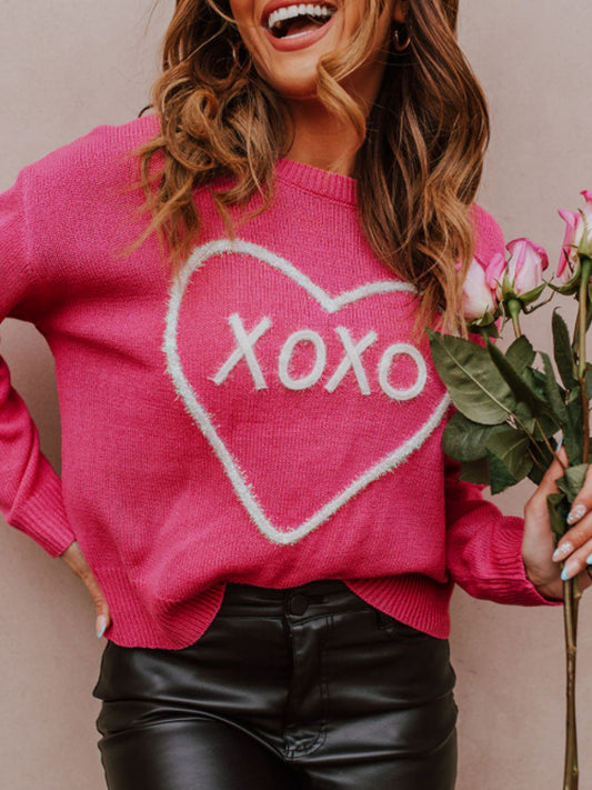XOXO Round Neck Drop Shoulder Sweater Deep Rose