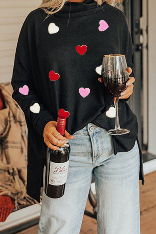 Valentine’s Day Heart Patched Turtleneck Long Sleeve Top Black